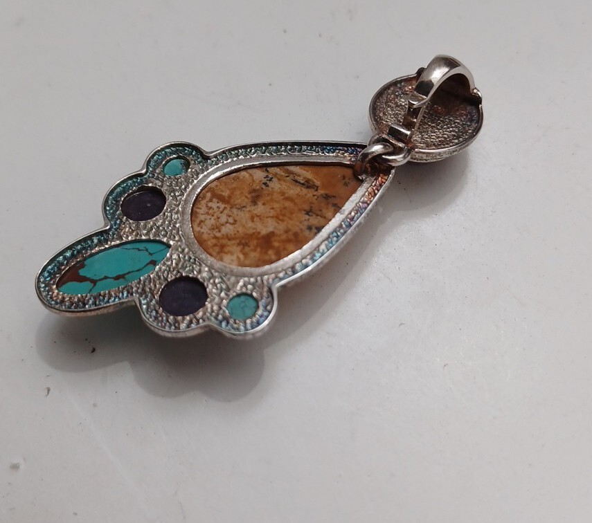 Jasper Turquoise Amethyst Pendant Southwestern Style Sterling 925 2 1/2″