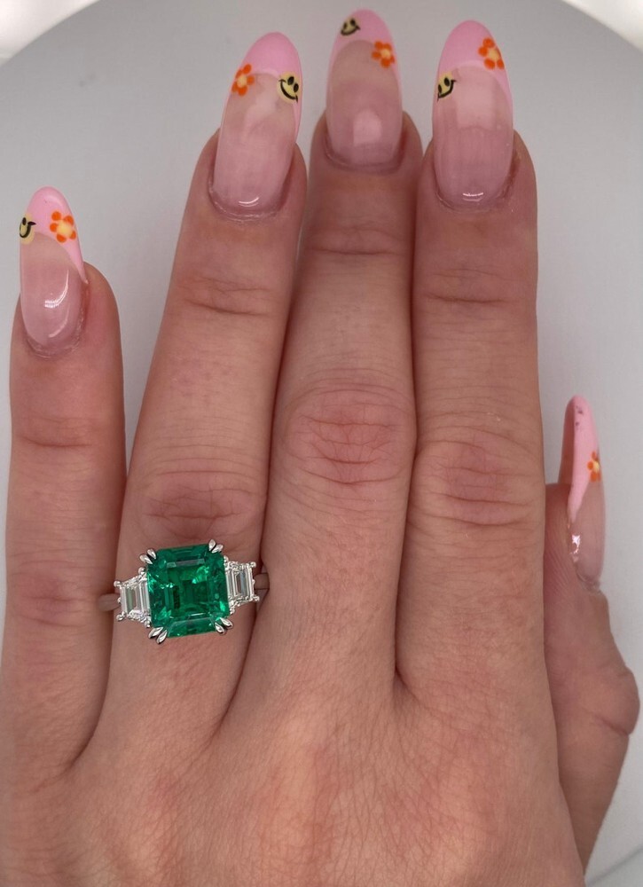 Green Emerald Ring Lab Created Diamond 3.60 Ct 950 Platinum Size 5 6 6.5 7 7.5 8