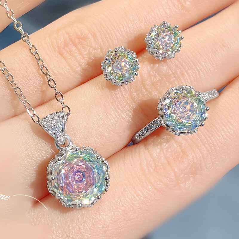 3pc Set Rose Cut White Mystic Topaz Gemstone Silver Women Necklace Earring Ring