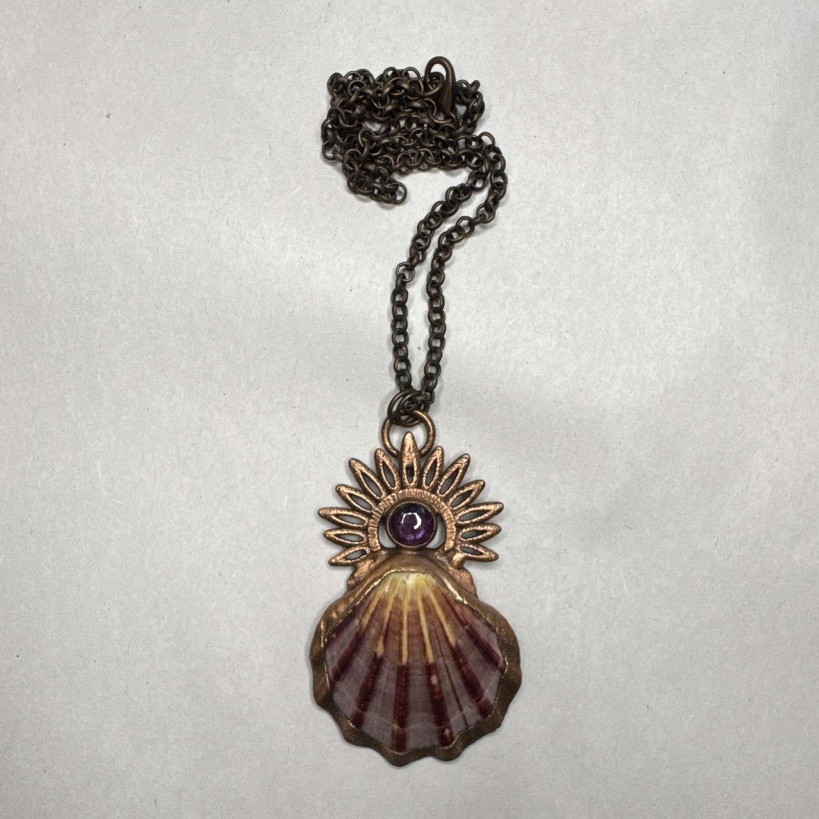 Scallop Shell Charm Pendant Necklace, burgundy Crystal Cabochon, Bronze Tone