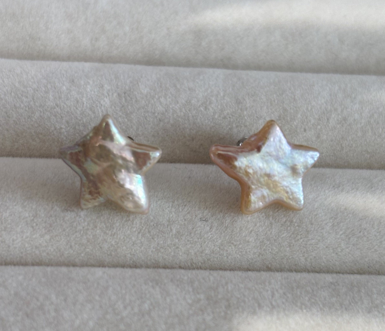Natural Star Shaped Baroque Pearl Studs Earrings | Soft Peach Iridescence |