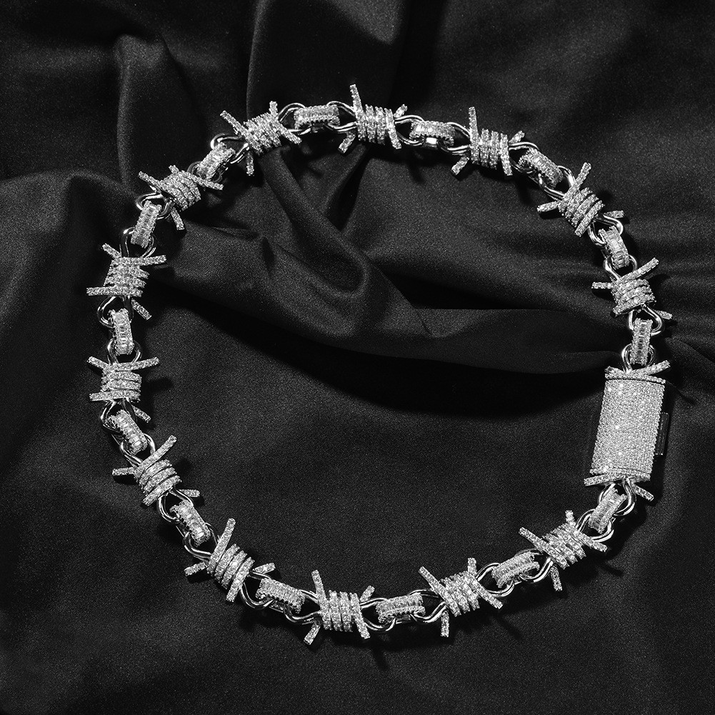Sparkling Barbed Wire Chain Silver Gold Hip Hop CZ Bling Barbwire Necklace