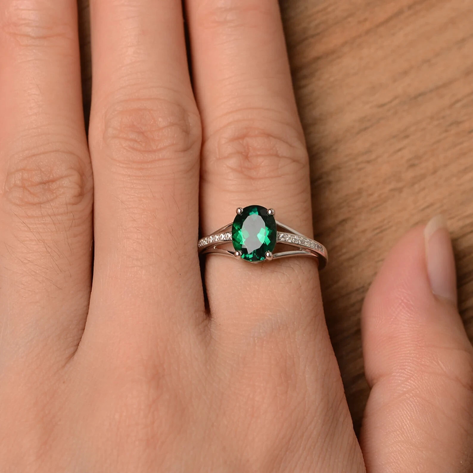 emerald and moissanite ring engagement ring solid sterling silver ring