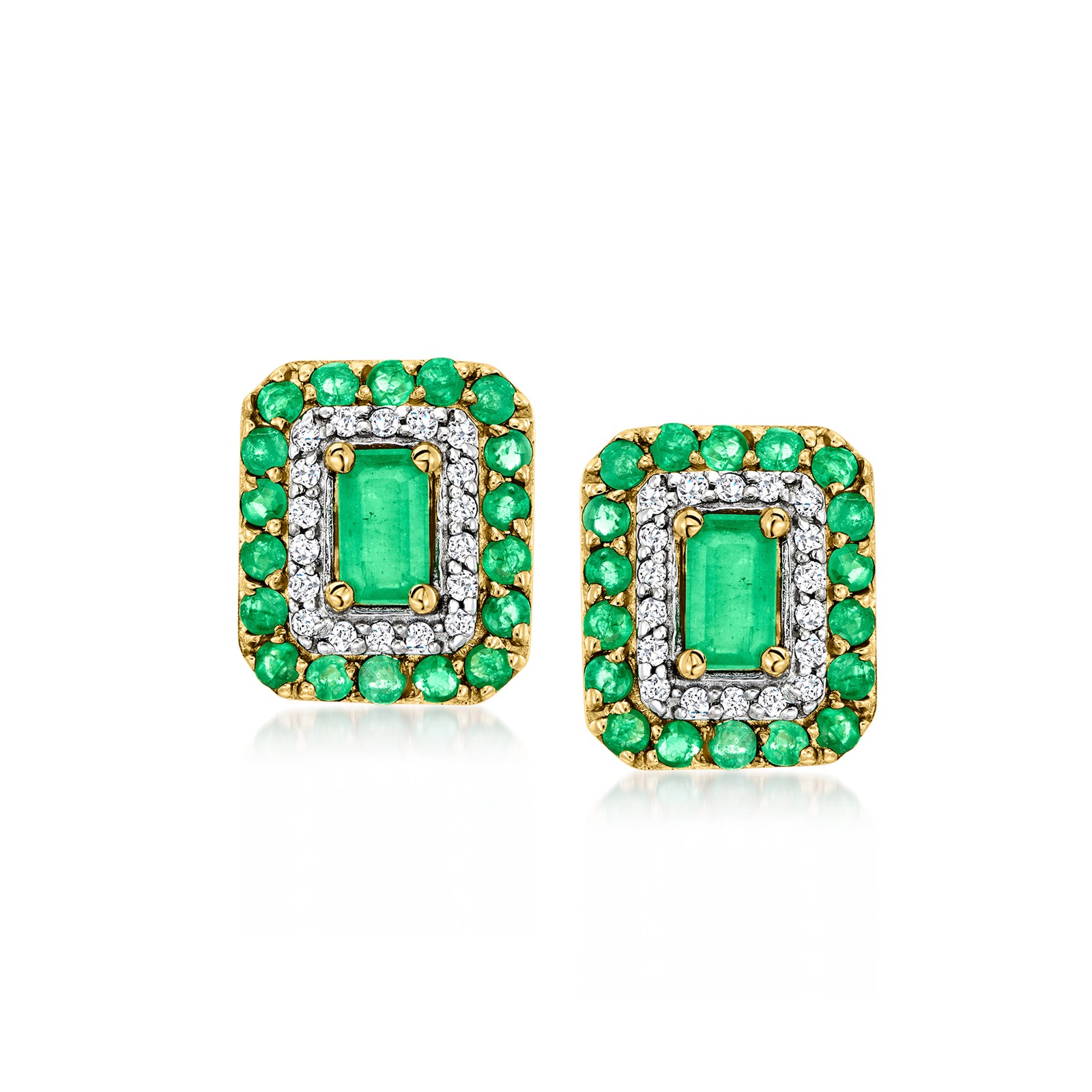 0.90 ct. t.w. Emerald and .16 ct. t.w. Diamond Earrings in 14kt Yellow Gold