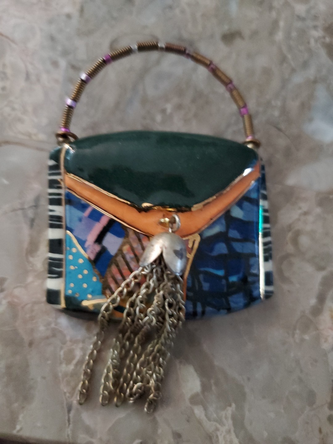 Cynthia Chuang Jewelry 10 Purse Hand Painted Porcelain Metal Tassel Brooch Pin