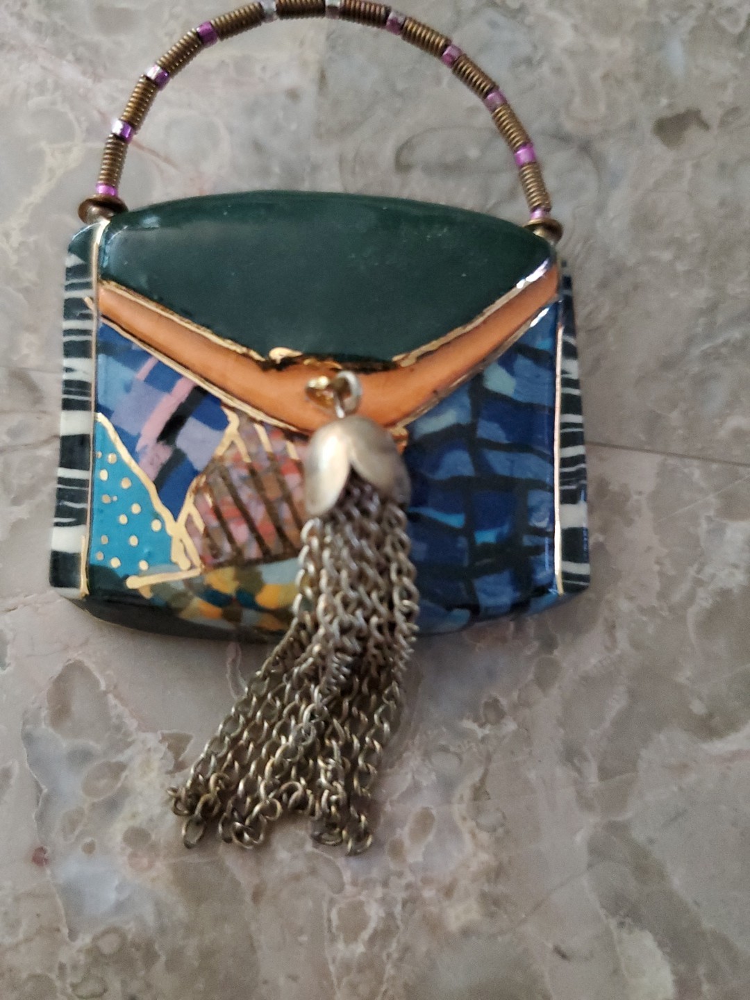 Cynthia Chuang Jewelry 10 Purse Hand Painted Porcelain Metal Tassel Brooch Pin