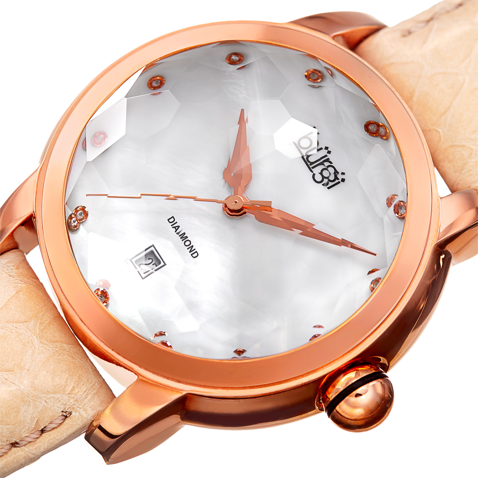 Women’s Burgi BUR014P Beveled Bezel Mother of Pearl 12 Diamond Dial Date Watch
