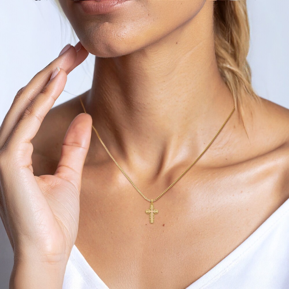 10K Solid Two Tone Gold Filigree Large Leaf Cross Pendant Necklace 27.4mm