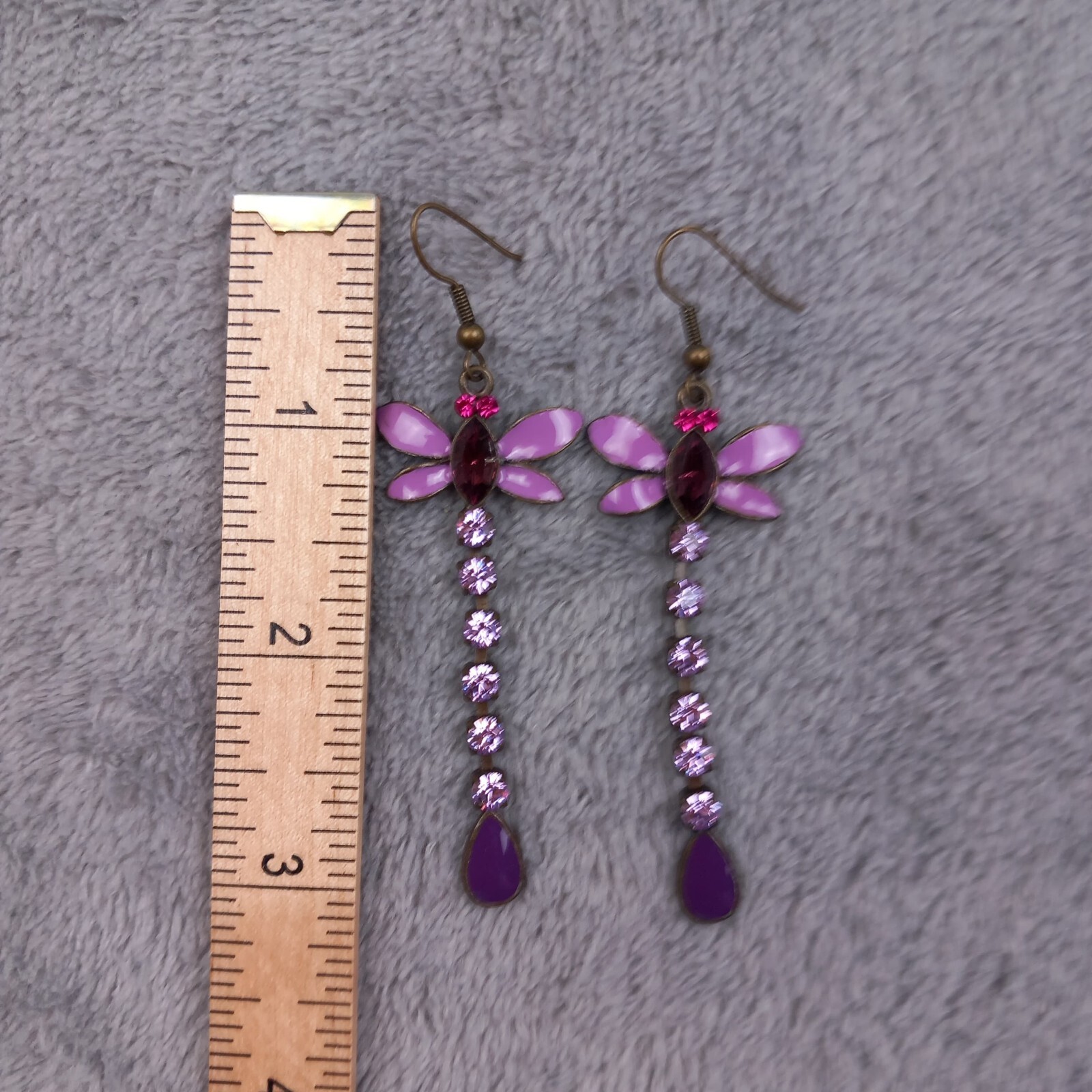 Unbranded Bronze Purple Dragonfly Rhinestone Drop Earrings Vintage Y2K One Size