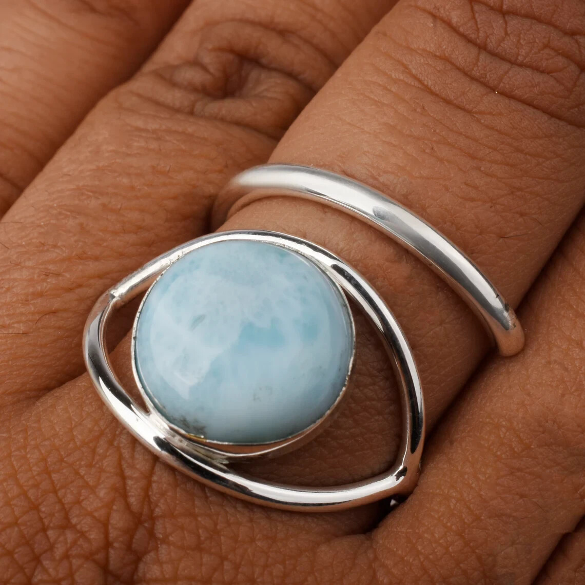 Unique Evil Eye Larimar Ring 925 Sterling Silver Adjustable Ring Gift For Her