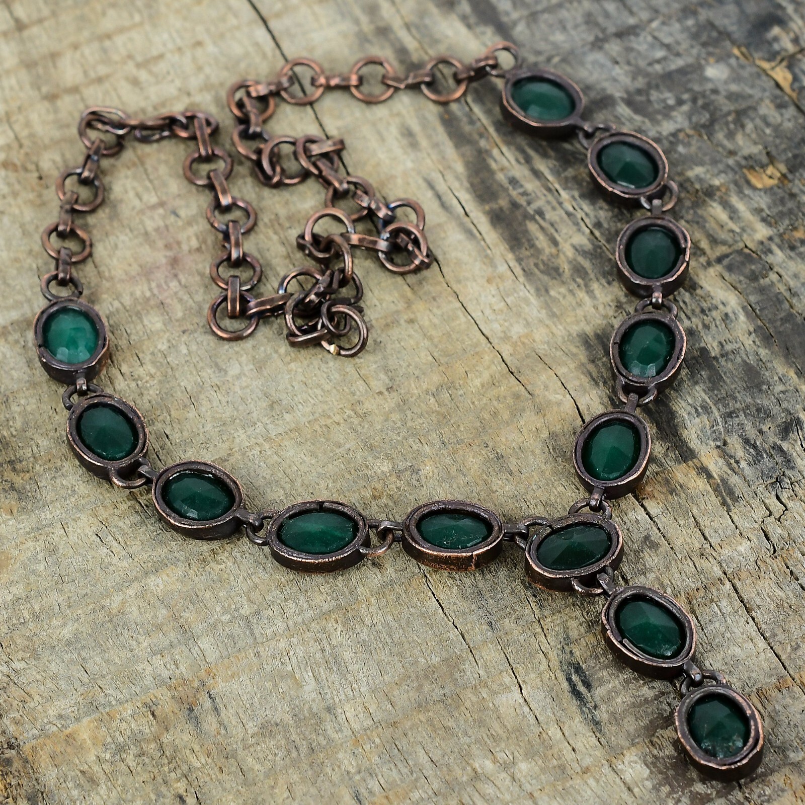 Valentines Deal Natural Zambian Emrald Bezel Electroformed Chain Necklace Copper