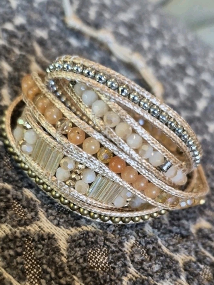 Liv Thai Bohemian Gold & Tan Hues Faceted Bead Adjustable Length Wrap Bracelet