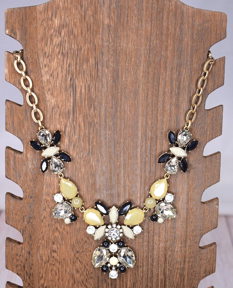 J. Crew Statement Large Rhinestone Clear Black Gold Tone Bib Necklace NEW NWT
