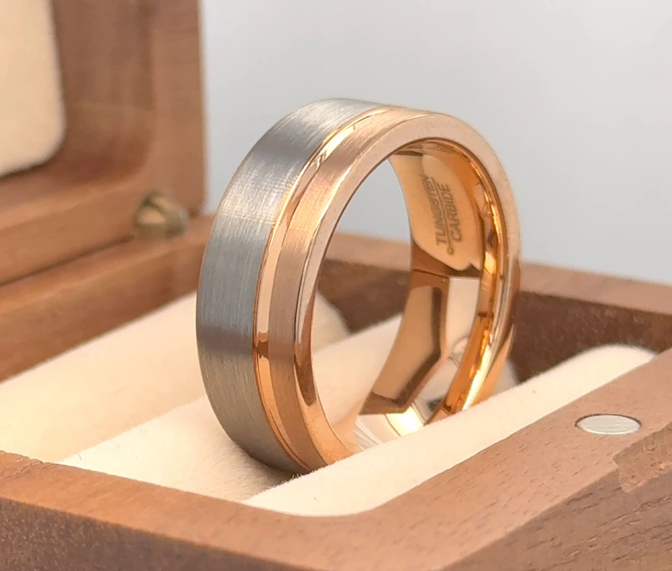 Silver Matt Finish Band Rose Gold Tungsten Ring Pipe Cut Grooved Xmas Gift Ring
