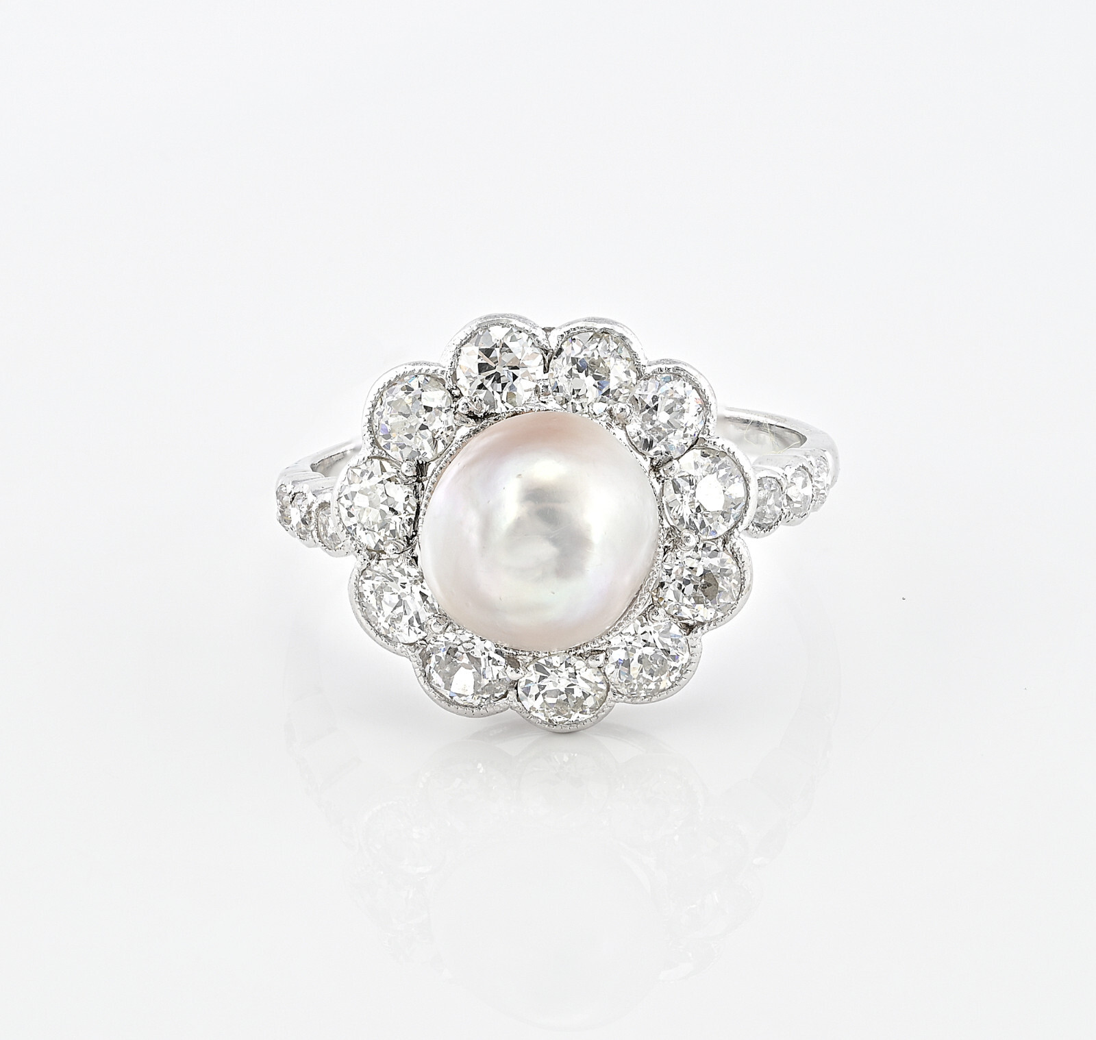Edwardian Certified 8.5 mm. Natural Pearl 1.35 Ct Diamond Ring