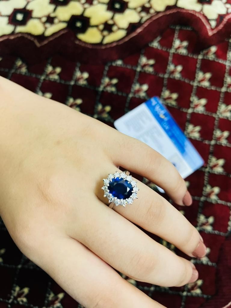 8Ct Oval Cut Natural Sapphire Diamond Engagement Ring 14K White Gold Halo Size 7