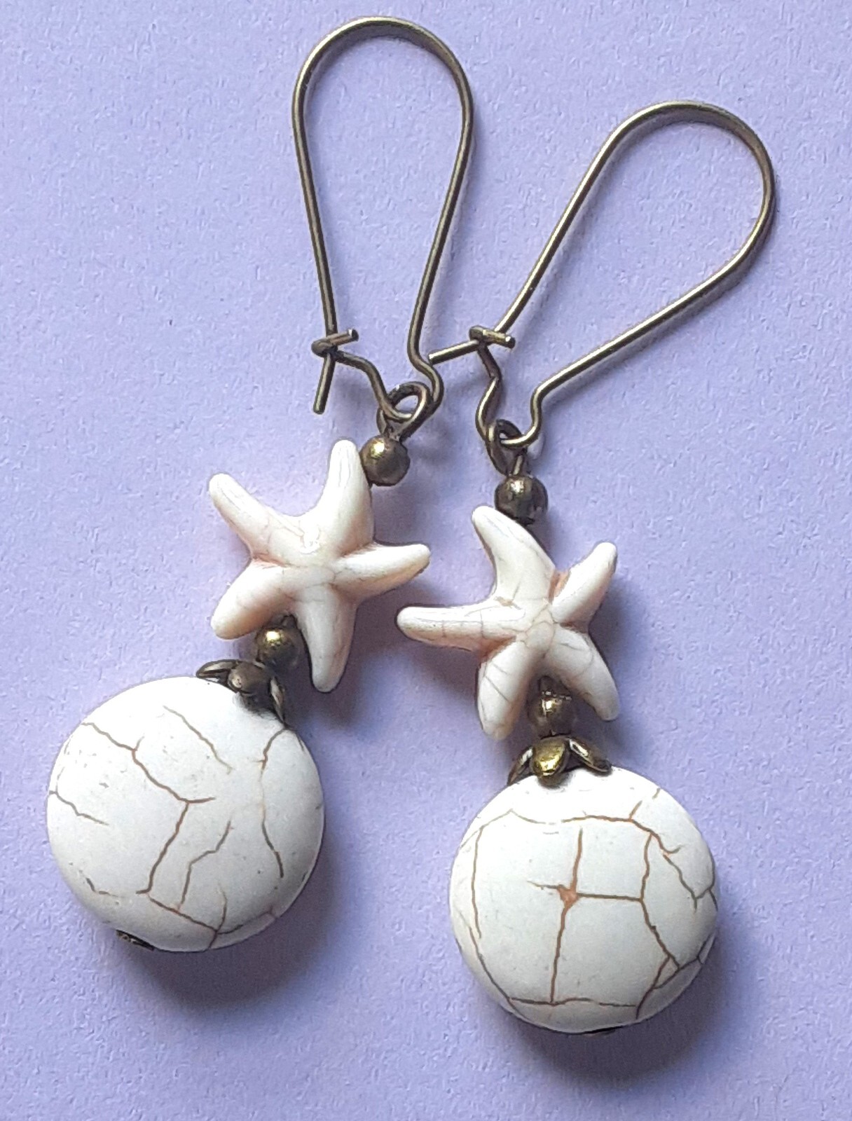 white STARFISH theme TURQUOISE dangle BRONZE KIDNEY WIRE handcrafted XGET