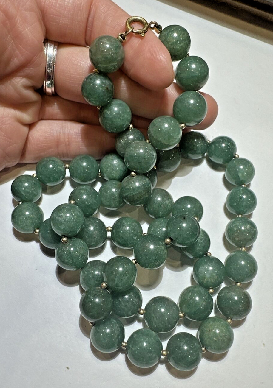 Chunky Green Carved Tourmaline Stone 11mm Bead Strand 18K Gold 114g Necklace DC5