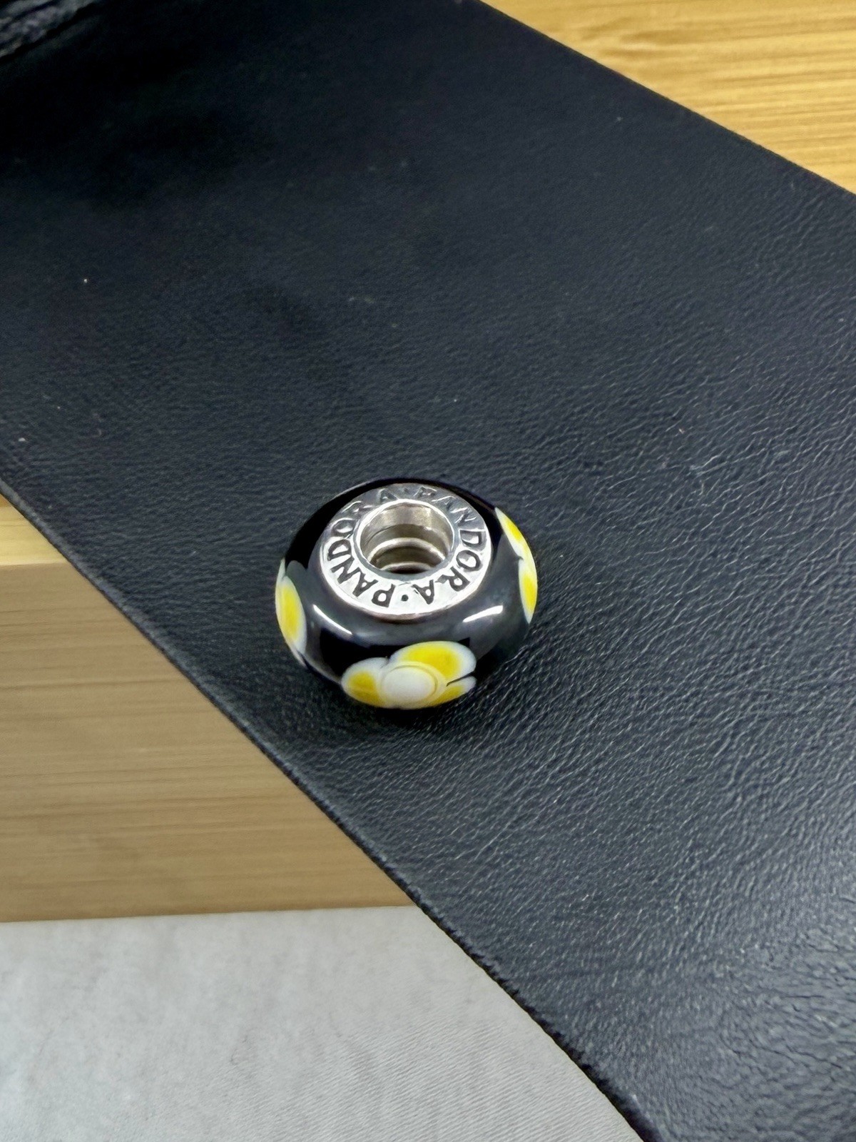 PANDORA Sterling Silver Black Yellow White Flower Murano Glass Charm RETIRED