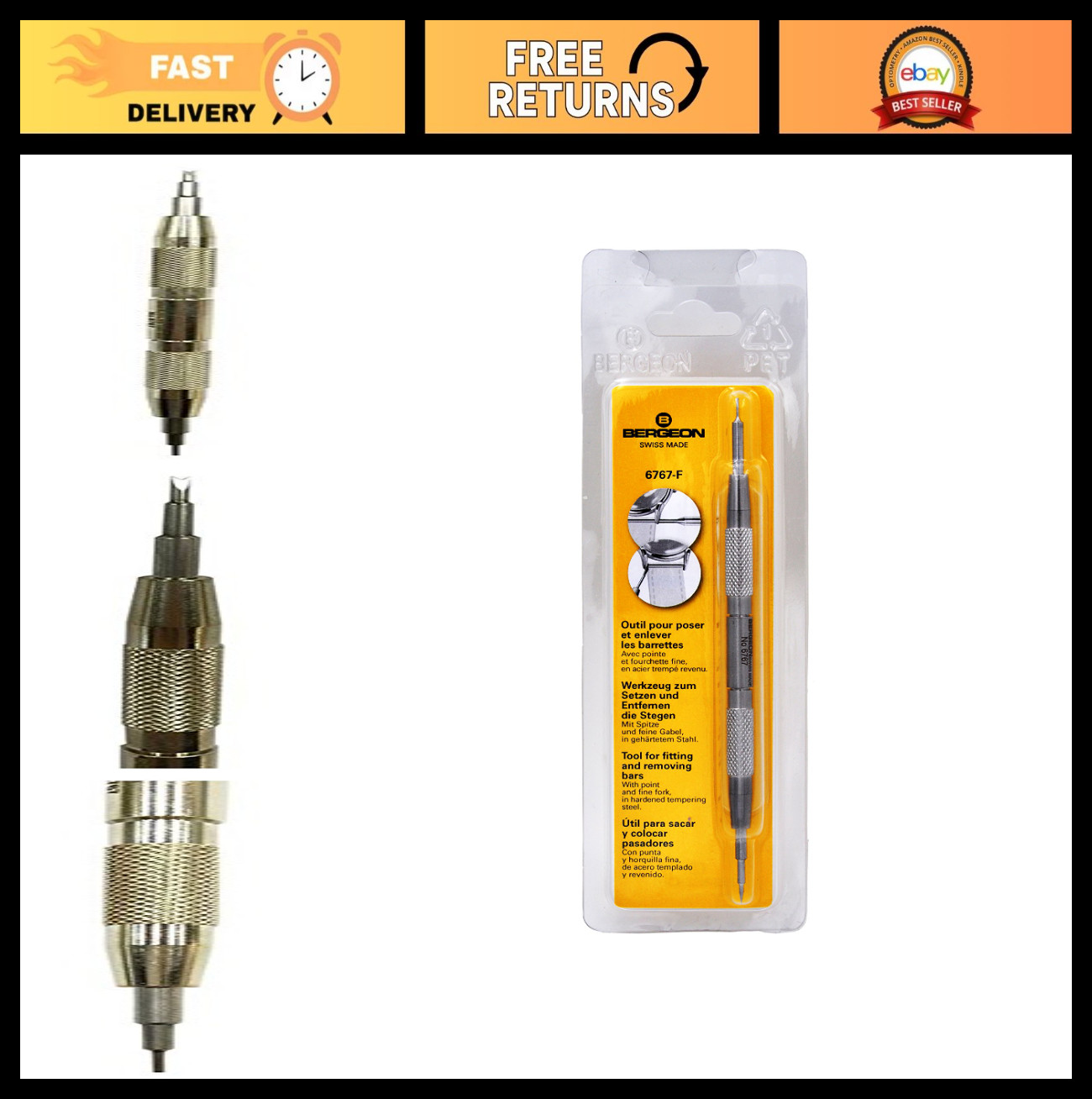 Watch Spring Bar Tool – Long Stainless Steel Handle, Replaceable Screw, New Pack
