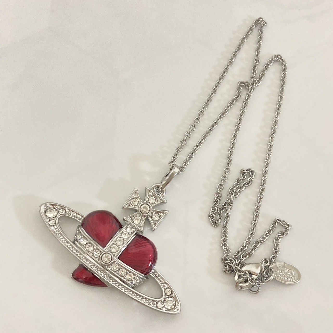 Vivienne Westwood Necklace Diamante Heart Orb Large Silver Red w/Pouch NO BOX