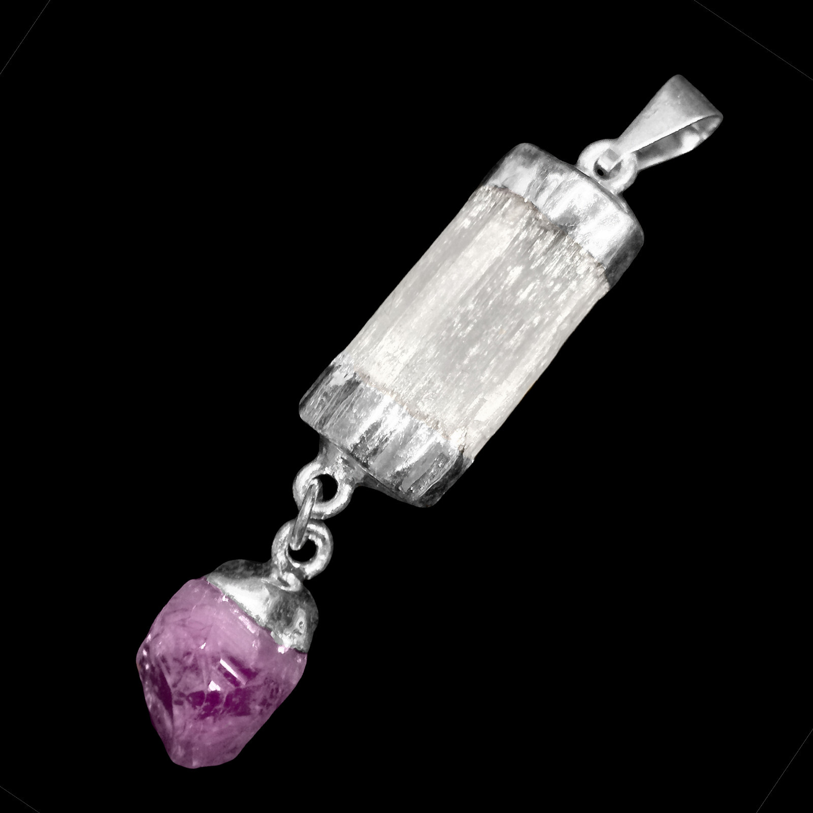 Selenite Amethyst Chakra Crystal Pendant CHARGED 925 Sterling Silver Necklace He