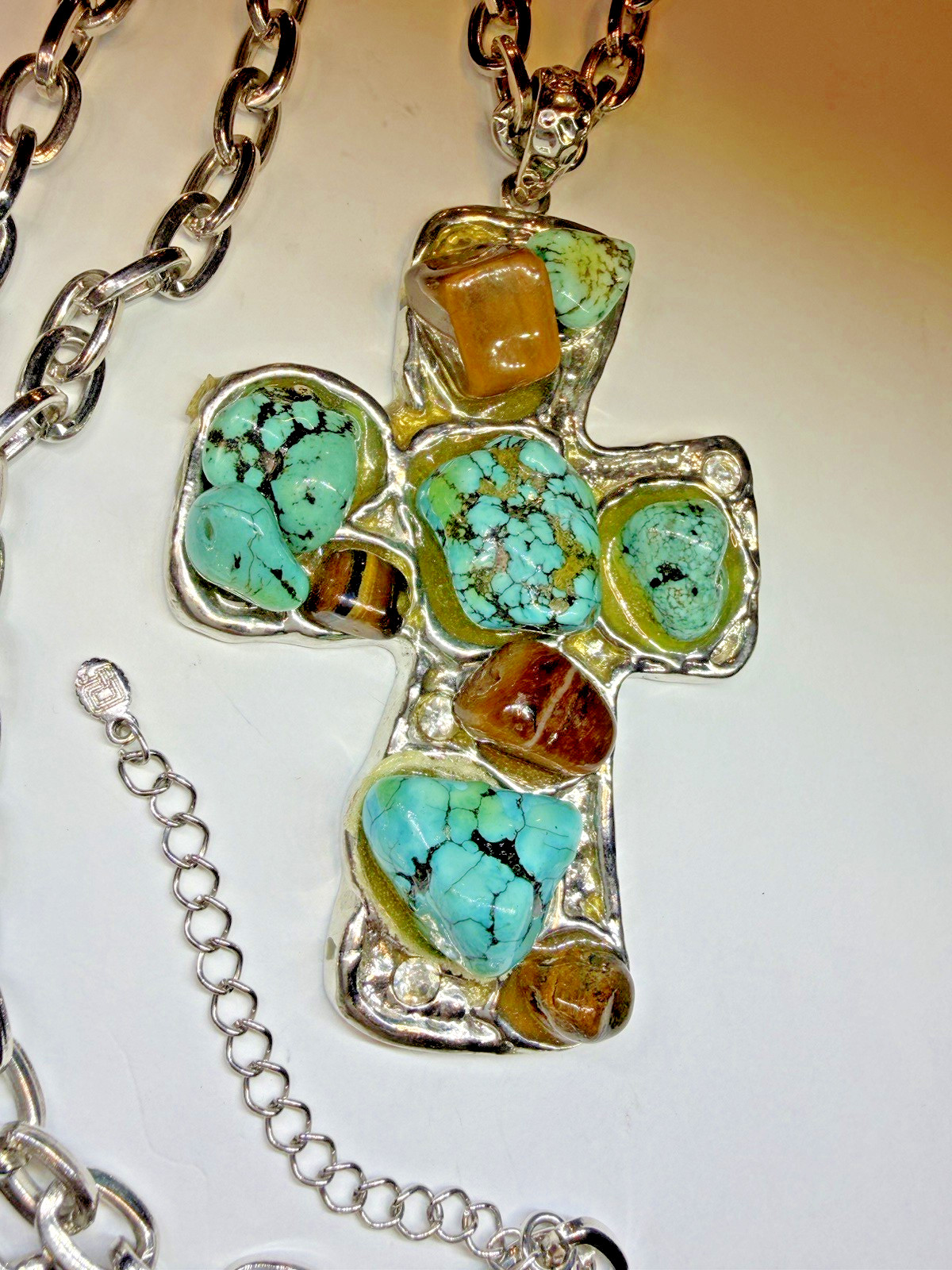Cross Turquoise & Cat Eye Necklace 32” Silver Tone Chain Made In Asia Trademark