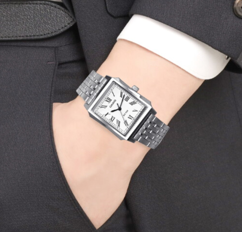 Casio MTP-B190D-7B Tank Watch Roman Numeral Dress Watch Silver 50M New
