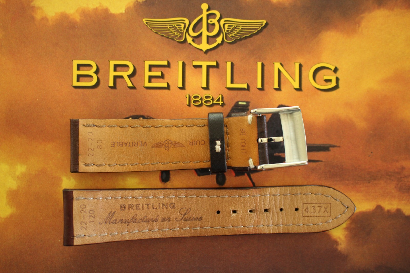 BREITLING 437X 22-20 BROWN PLAIN CALF TONGUE BUCKLE WATCH BAND WATCHBAND STRAP A