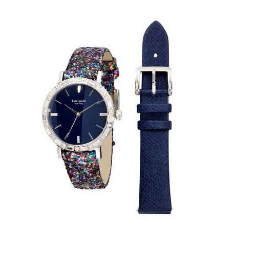Kate Spade Metro Pave Blue Dial Interchangeable Glitz Multicolor Band Navy 34MM
