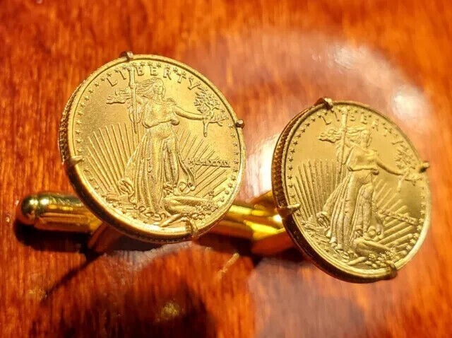 Striding Liberty Coin Men’s Cufflinks 14K Yellow Gold Plated Sterling Silver 925