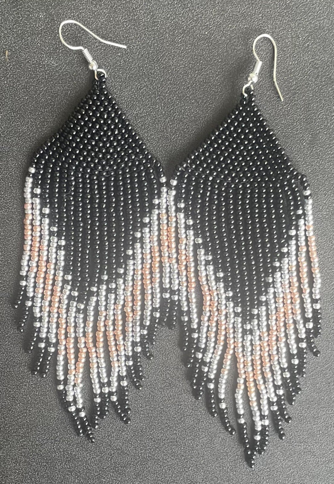 Boho Native Style Black Silver Rose Gold Seed Bead Beaded Earrings Fringe Long