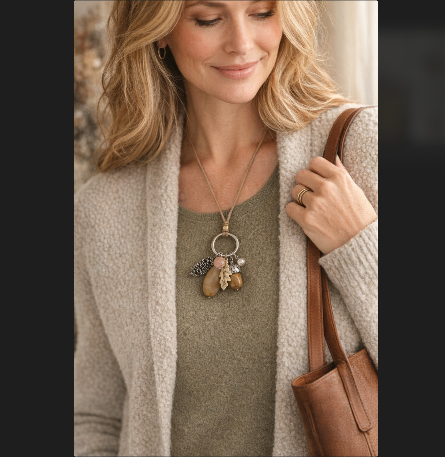 J. Jill Autumn Charm Necklace Pinecone Acorn Leaf Adjustable Fall Boho Cottage