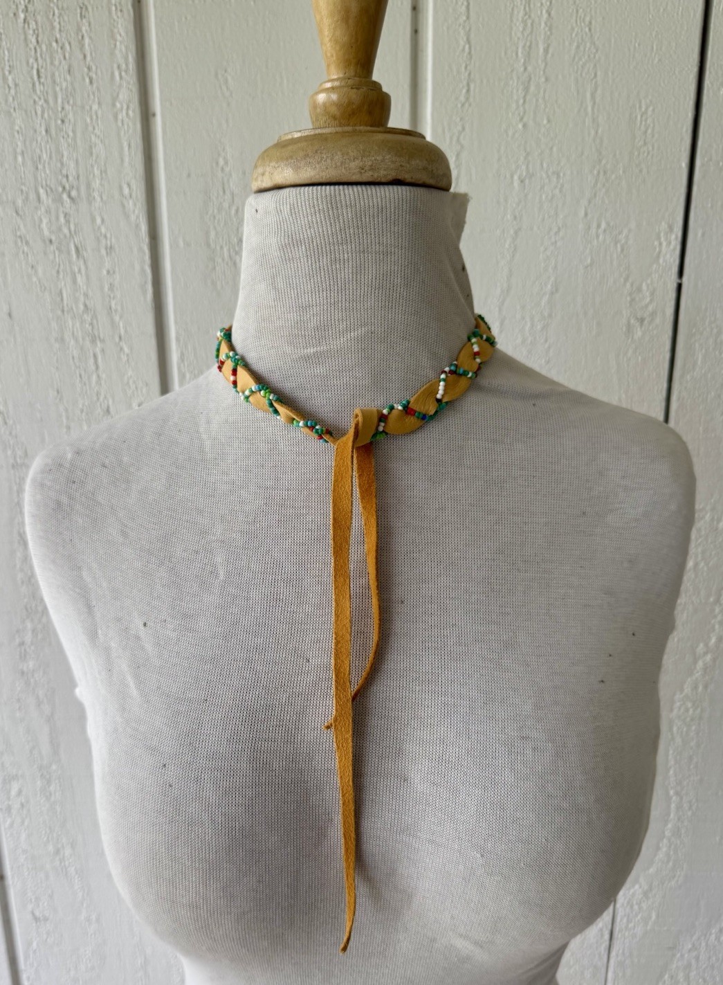 Vtg Long Beaded Leather Wrap Necklace Adjustable Nubuck Choker Southwestern