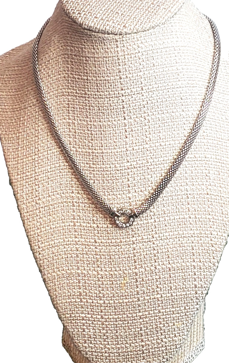 Sterling Silver Mesh Chain Necklace CZ Station Pendant 16 inches Long Made Italy