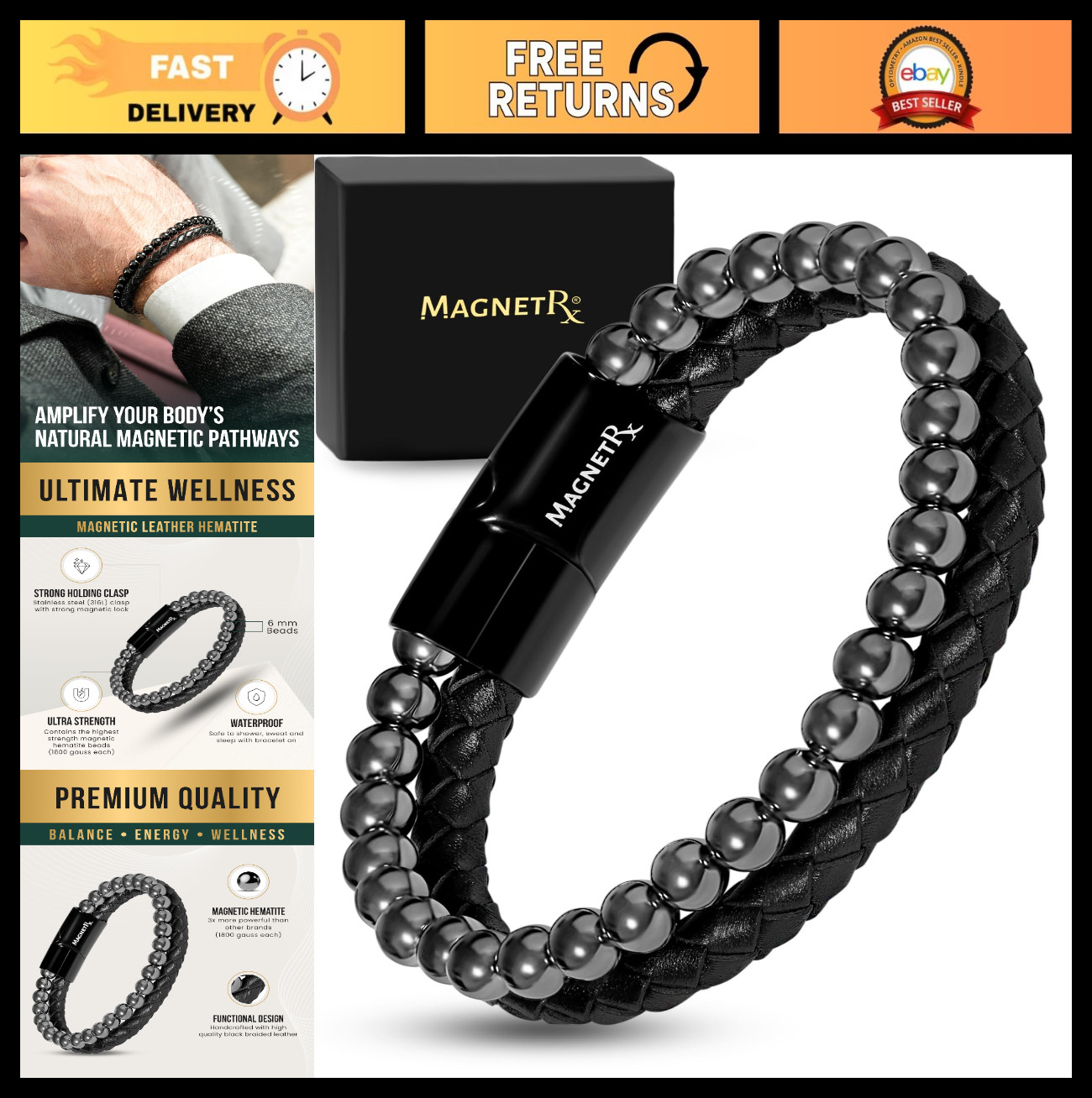 Max Strength Magnetic Hematite & Leather Bracelet – Men’s Beaded Jewelry (Large)