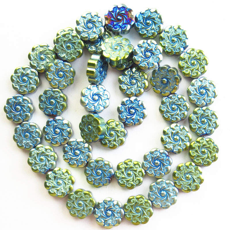 1Strand 10x3mm Carved Blue Green Hematite Flower Loose Bead 15.5″ L0119348