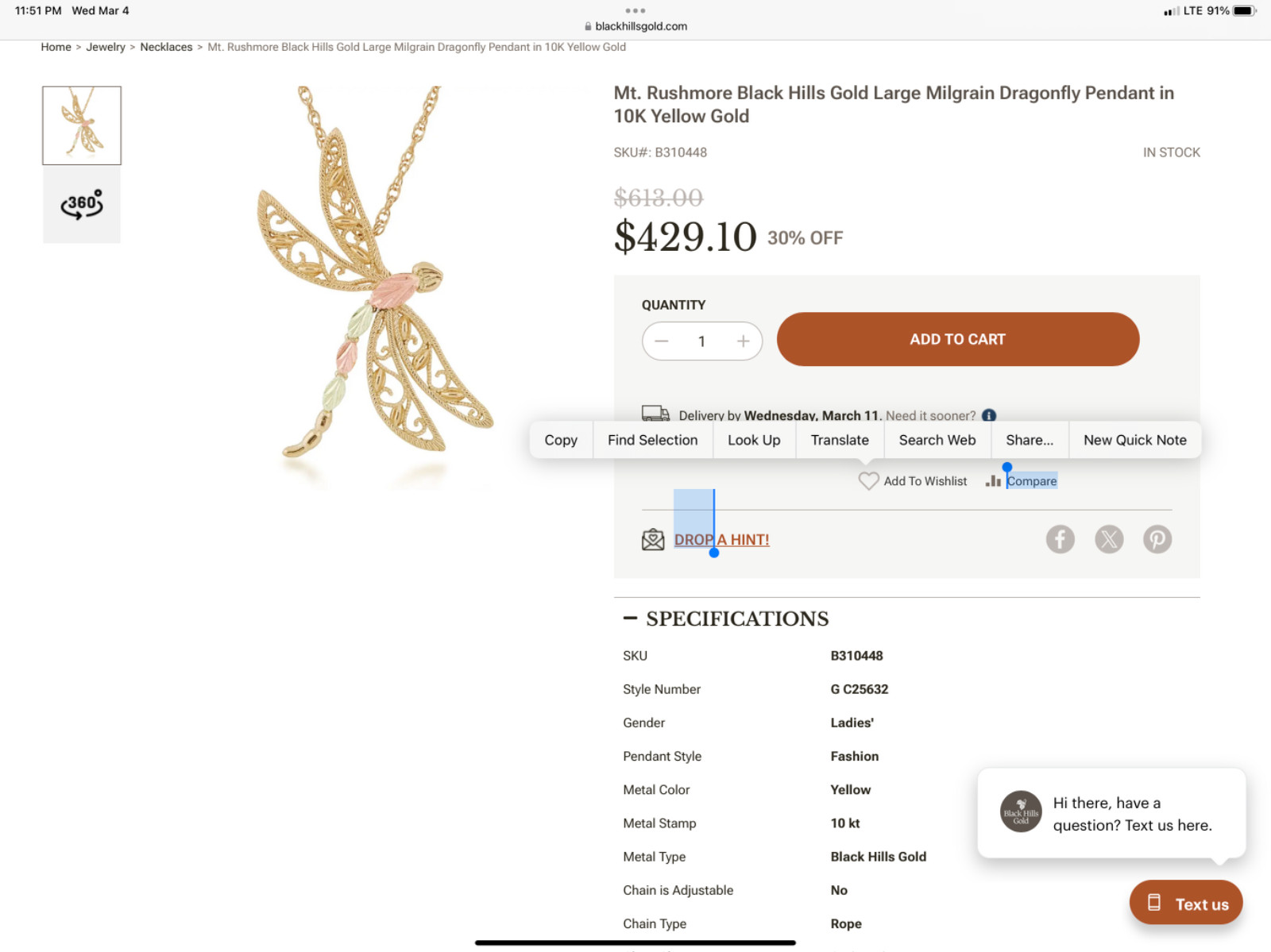Black Hills Gold 10k 12k Dragonfly Large Version Pendant Necklace