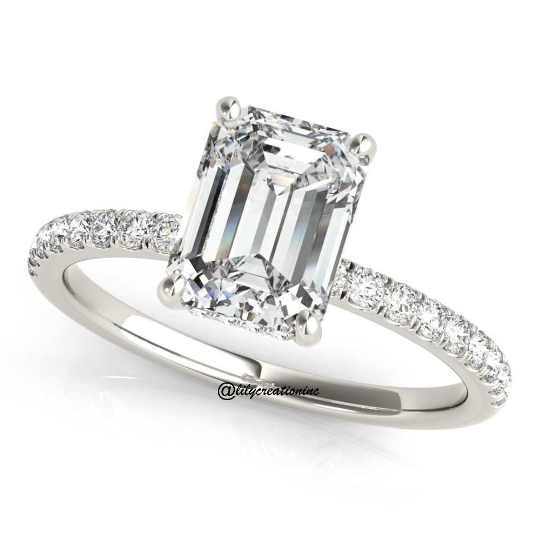 3Ct Emerald IGI Certified Lab Grown Diamond Engagement Ring Pavé Prong Platinum