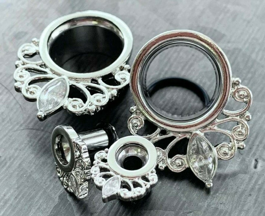 PAIR Marquise Crystal Vintage Filigree Drop Single Flare Tunnels Plugs Gauges