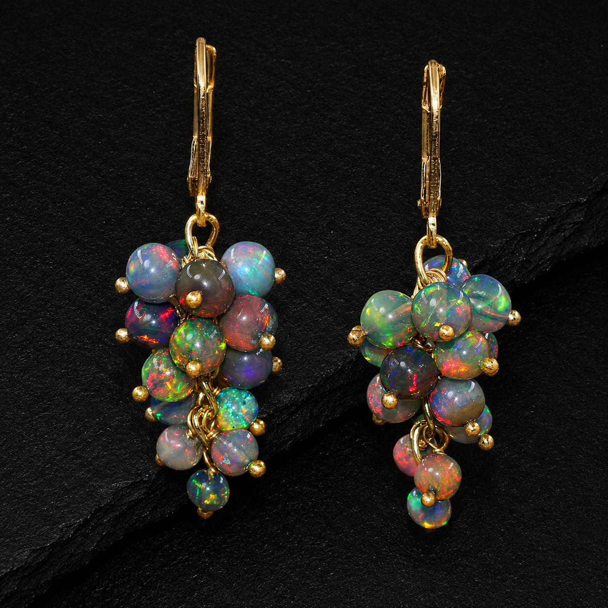 Genuine Black Ethiopian Opal Dangle Cluster Earrings 18k Gold Filled 925 Silver