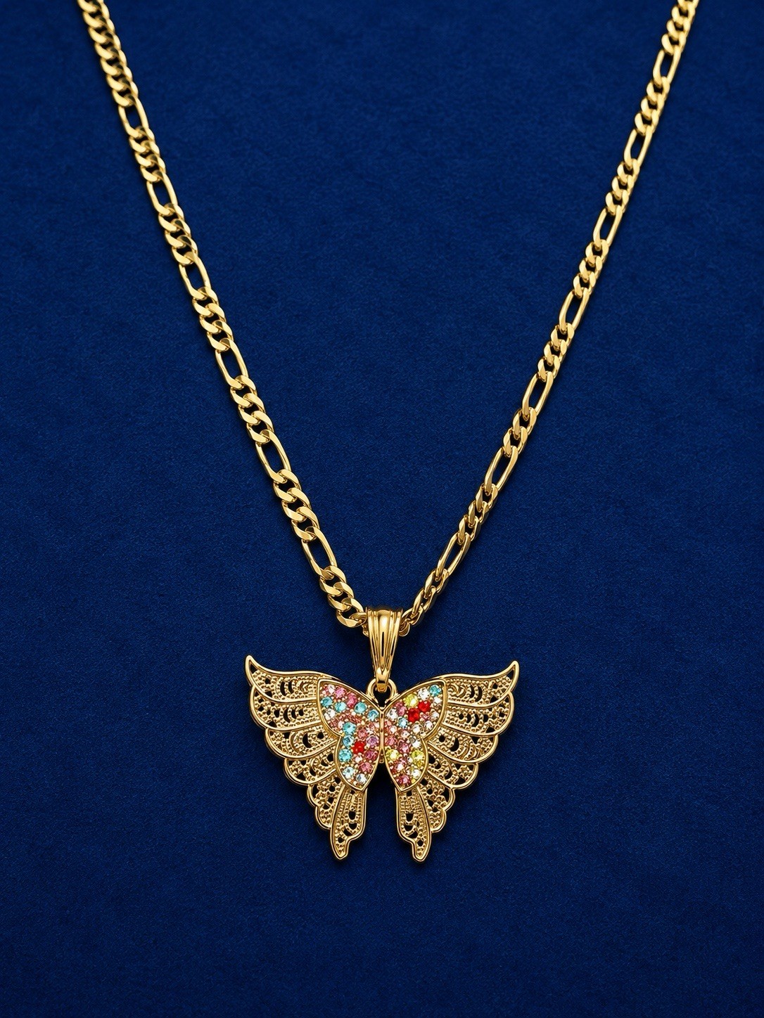 Gold-plated none tarnishCurb Chain Butterfly Multicolor Simulated Crystal Char