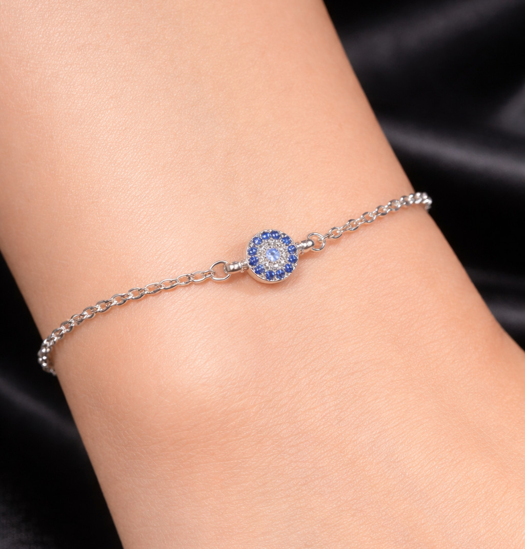 Evil Eye Bracelet Blue & Clear CZ Silver Plated 16cm – 21cm + Gift Box