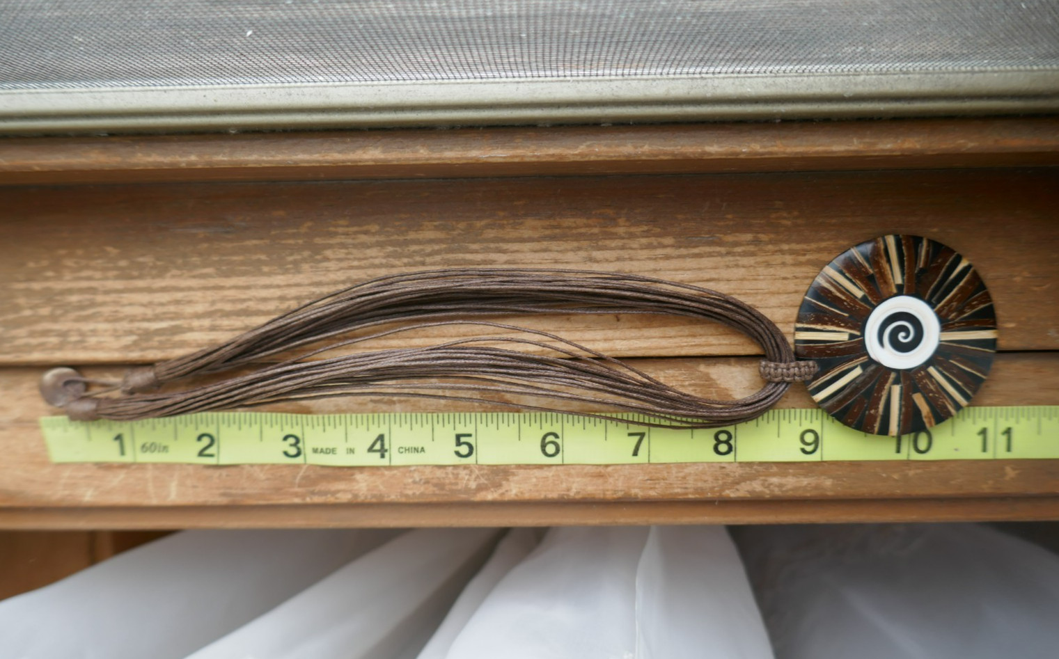 19″ Brown Beige Black White Shell Macrame’ Bail on Multi Strands w Button Clasp