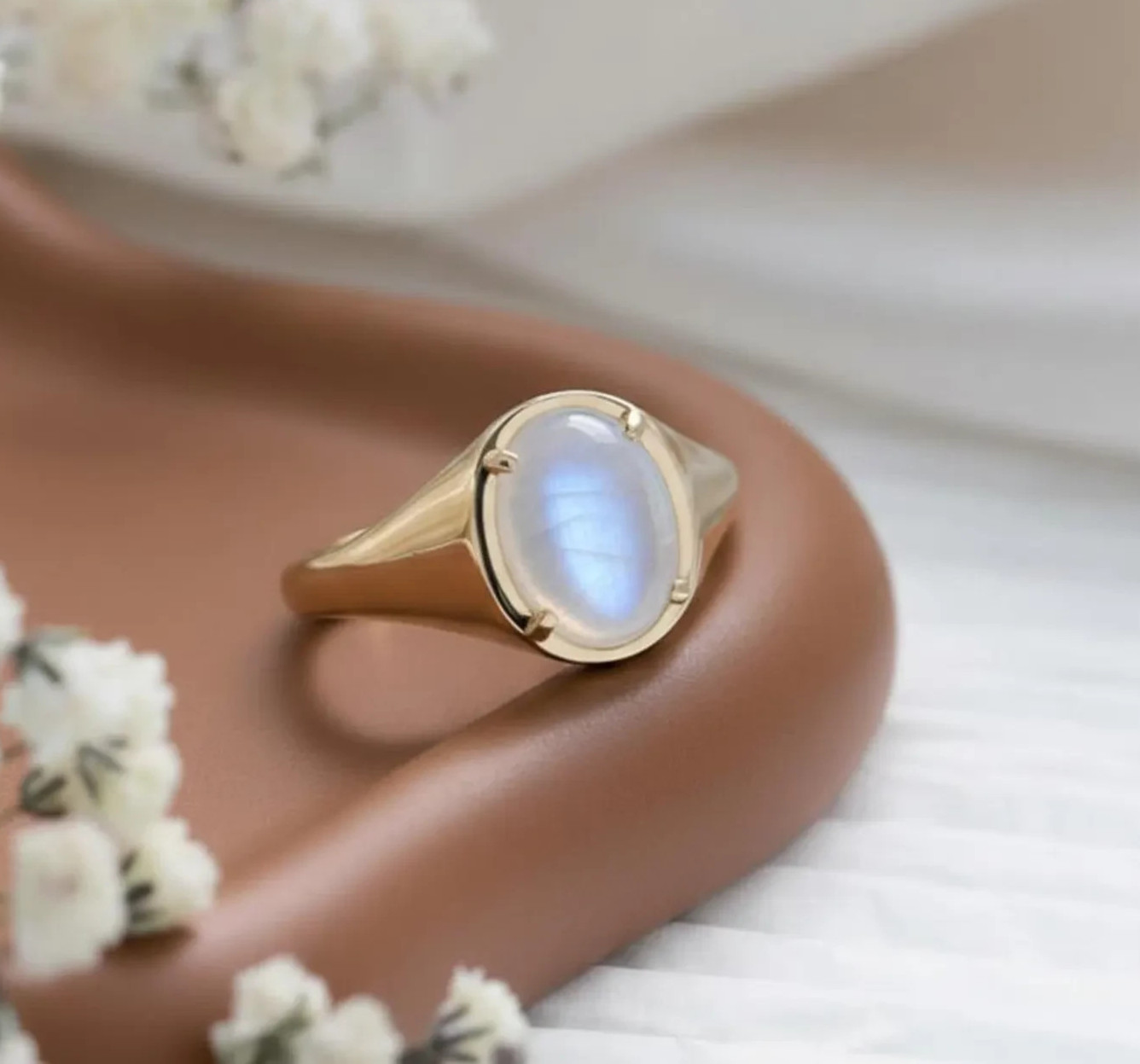 Natural Rainbow Moonstone Engagement Rings Oval Signet Ring 9k solid gold ring