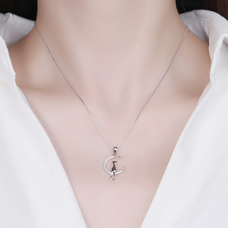 925 Sterling silver CZ Crescent Moon Cat pendant necklace 18″ Chain Gift PE54