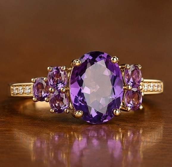 4Ct Oval Purple Amethyst Mossanite Diamond Engageme Ring 14K Yellow Gold Plated
