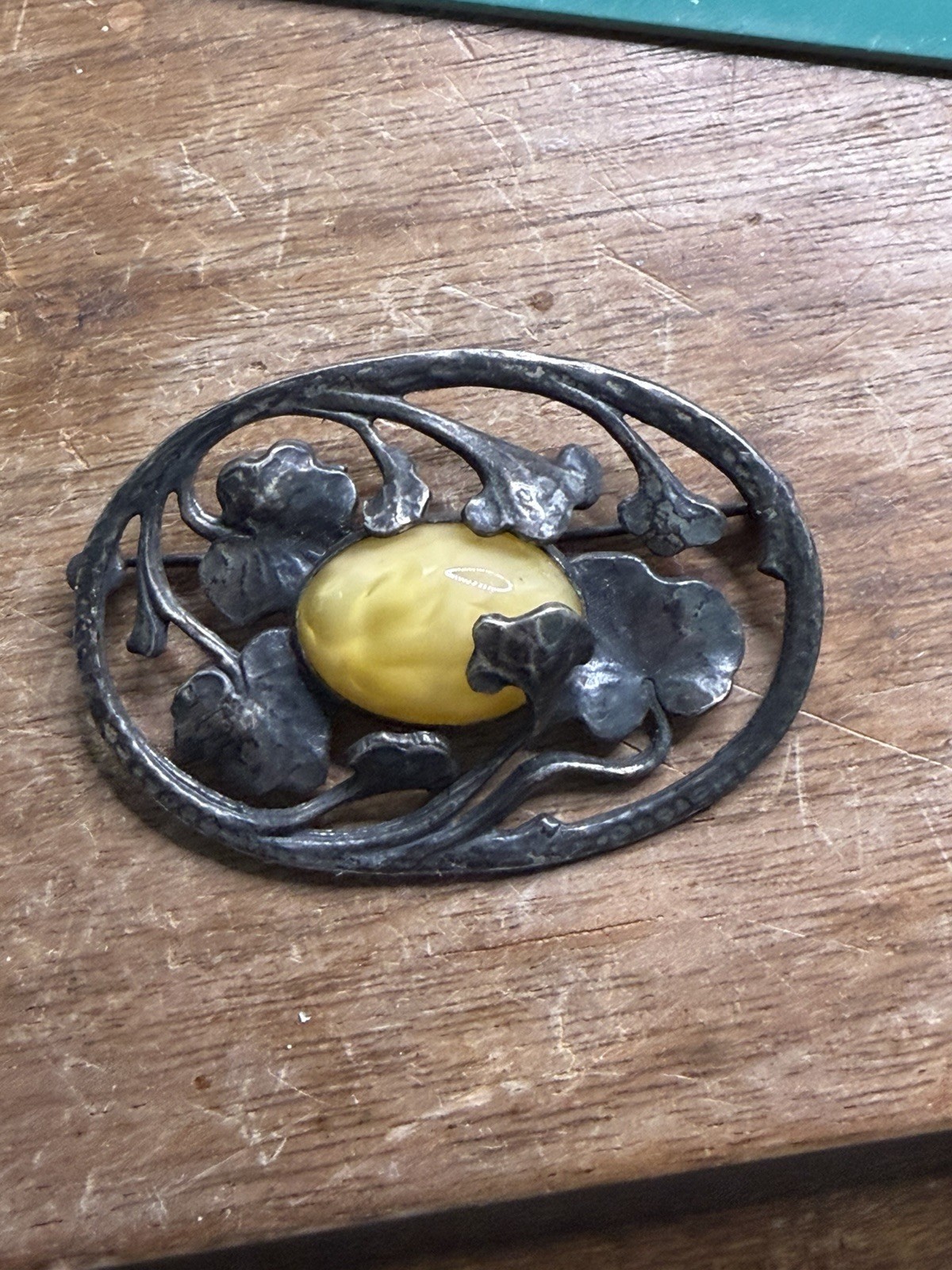 Vtg Art Nouveau 800 Silver Oval Cabochon Butterscotch Egg Yolk Amber Brooch Test