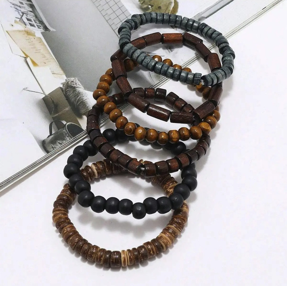 6PCS Wooden Beaded & Braided Leather Bracelets: Vintage Men’s Fashion Armband