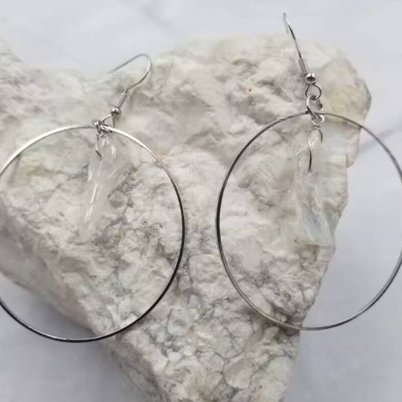 Clear Quartz Crystal Circle Hoop Dangle Earrings